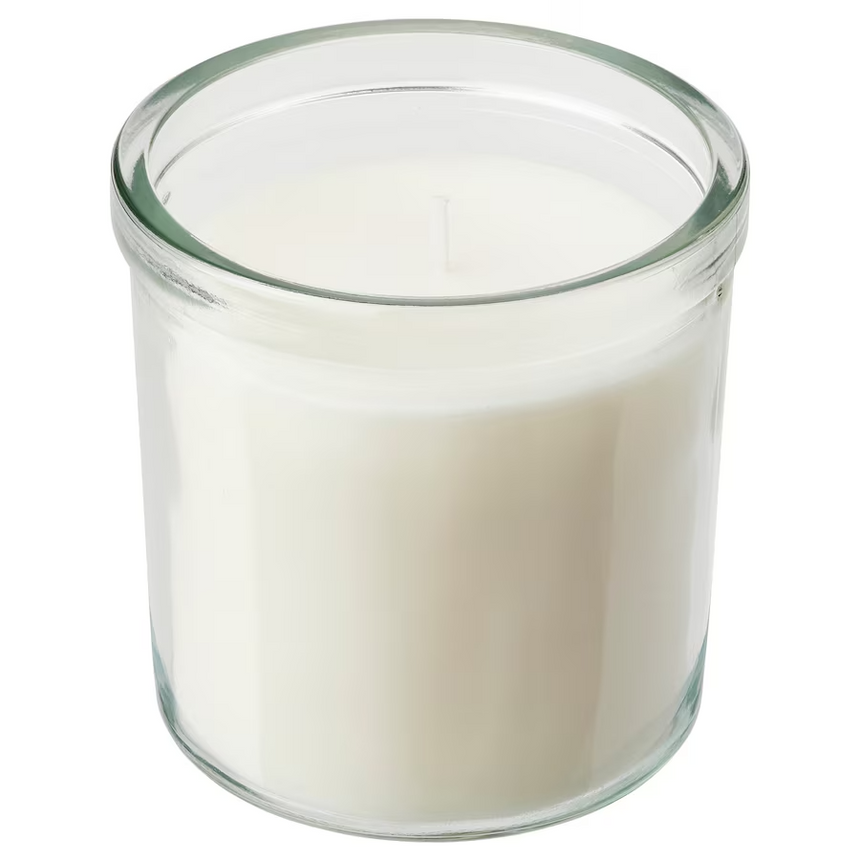 IKEA ADLAD Scented candle in glass, Scandinavian Woods/white, 40 hr