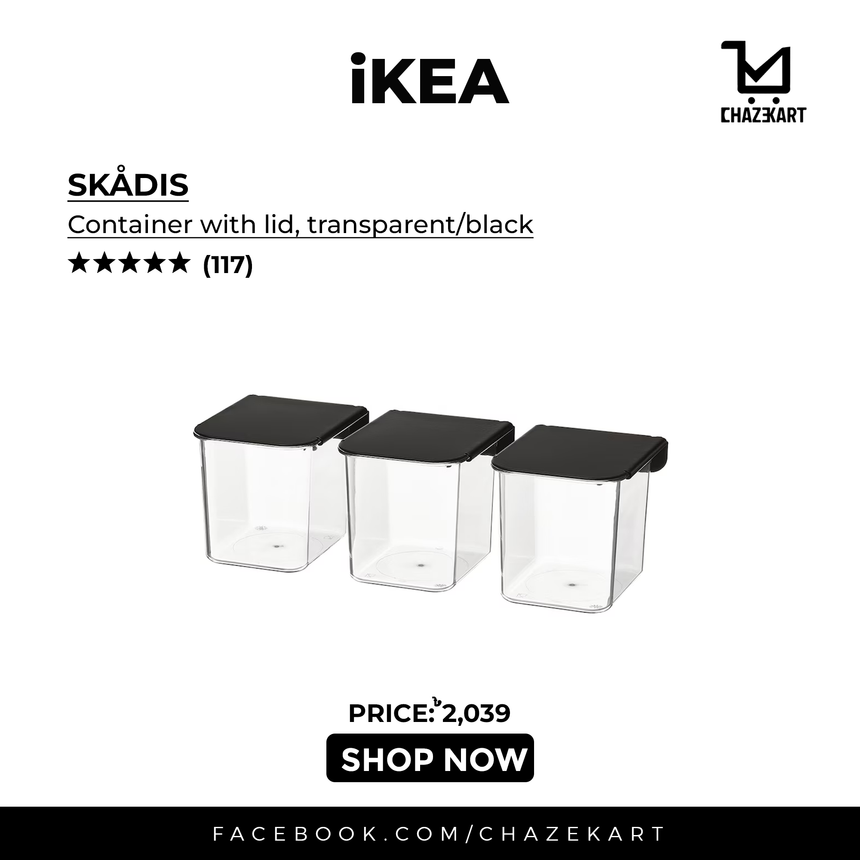 IKEA SKADIS Container with Lid, Transparent/Black, Set of 3