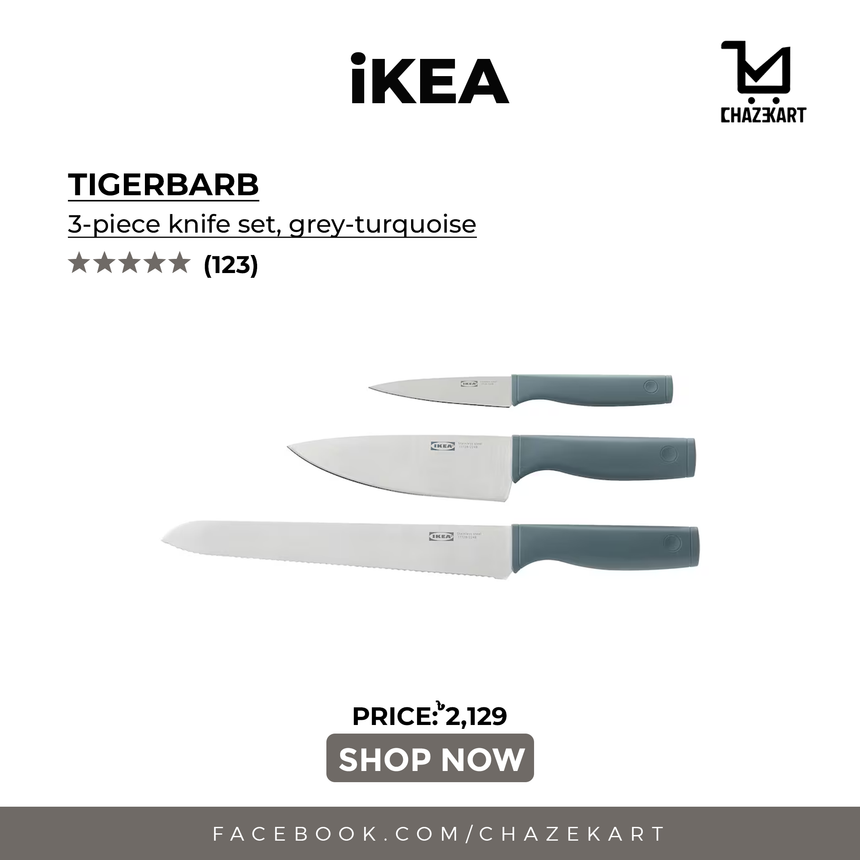 IKEA TIGERBARB 3-piece knife set, grey-turquoise