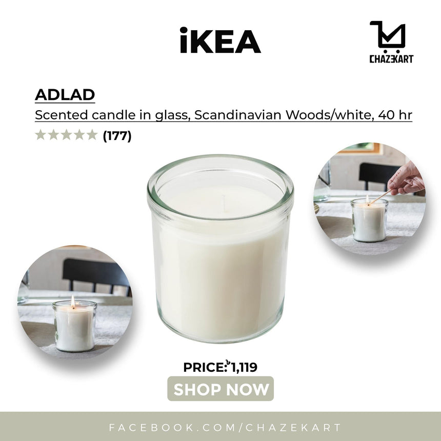 IKEA ADLAD Scented candle in glass, Scandinavian Woods/white, 40 hr