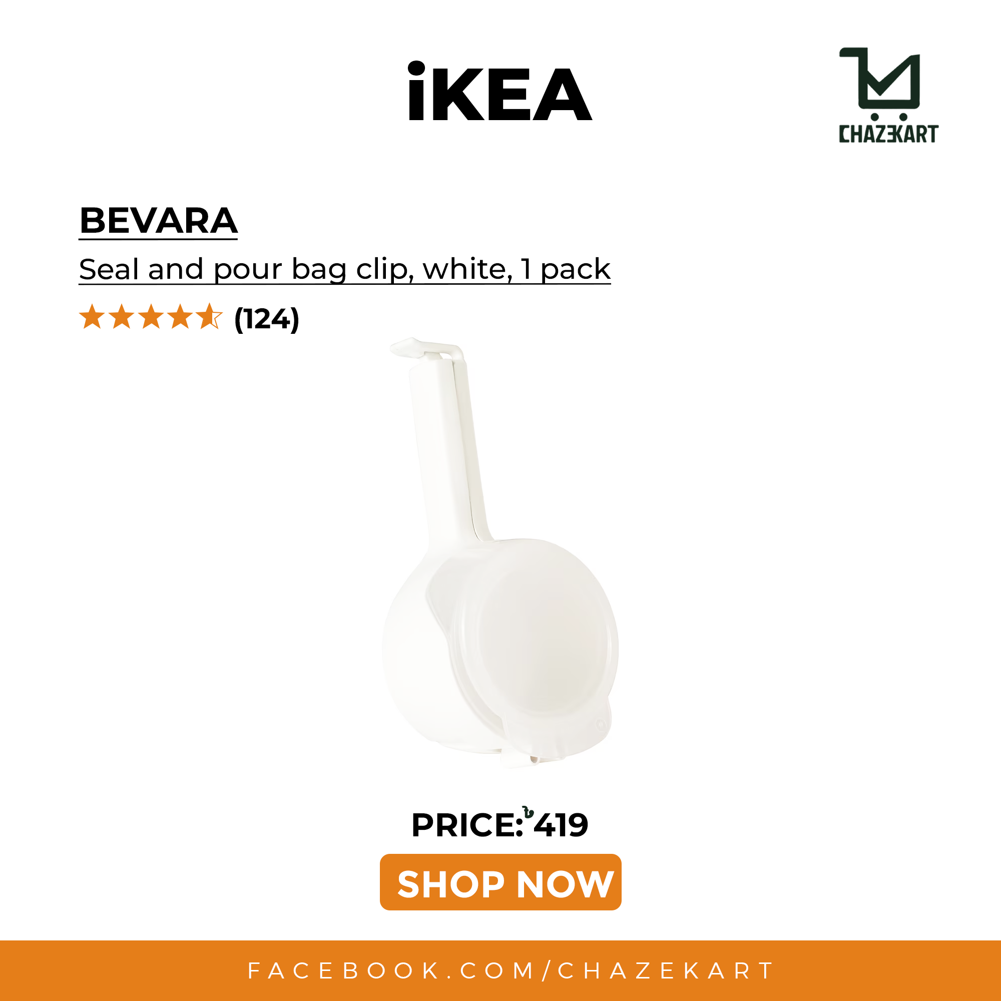 IKEA BEVARA Seal and pour bag clip, white, pack