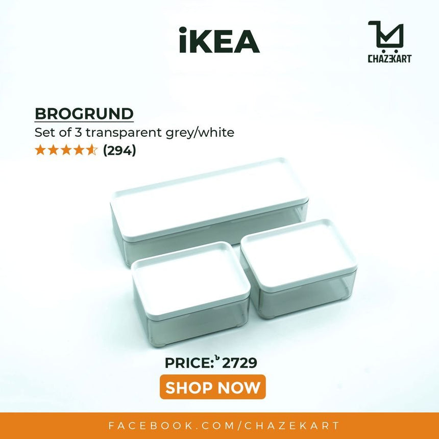 IKEA BROGRUND Box, set of 3, transparent grey/white