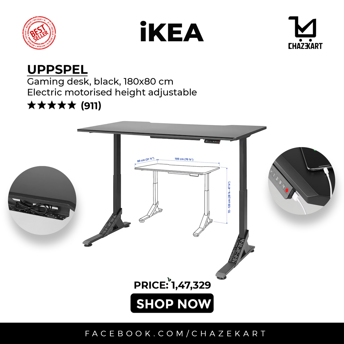IKEA UPPSPEL Gaming desk, black, 140x80cm – ChazeKart