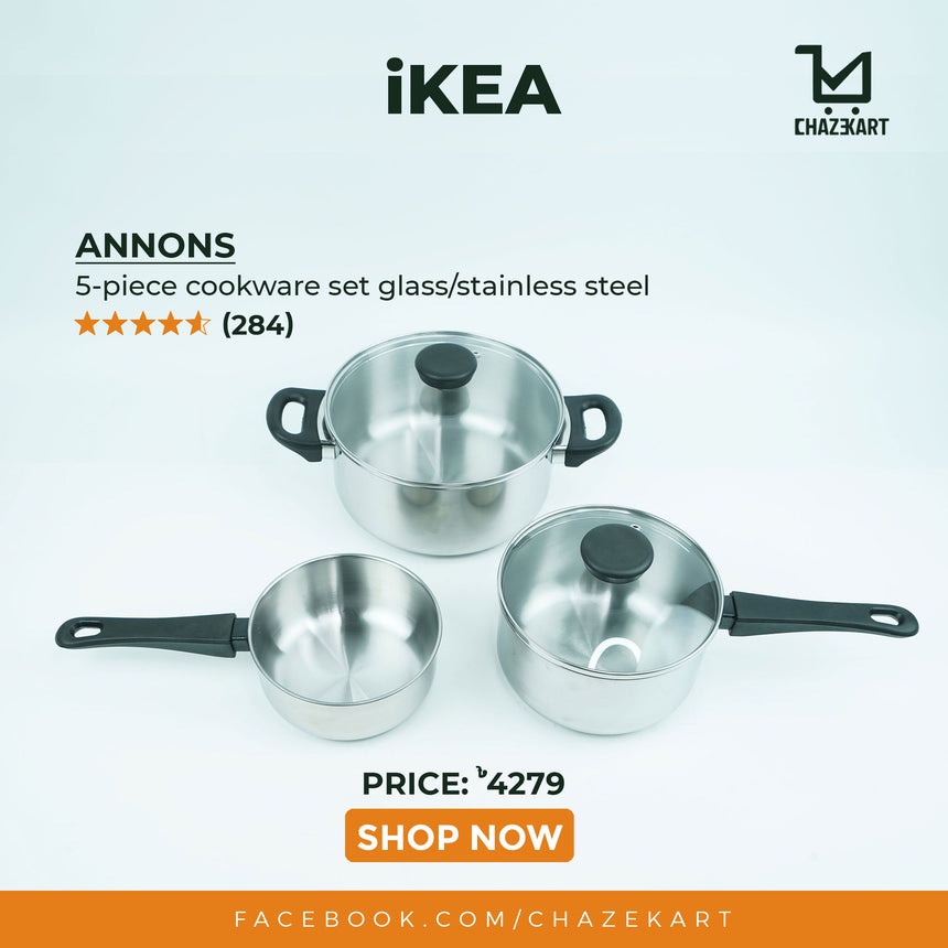 IKEA ANNONS 5-piece cookware set, glass/stainless steel