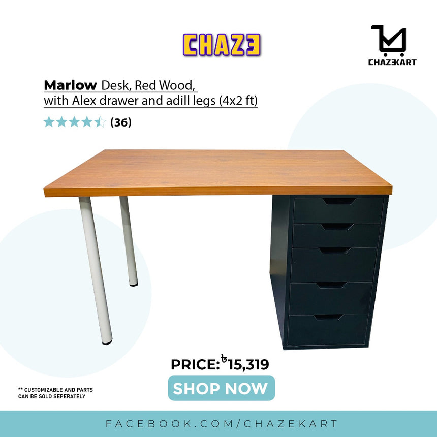 CHAZE MARLOW Table with 1x Drawer & Legs , Red Wood/Black/White