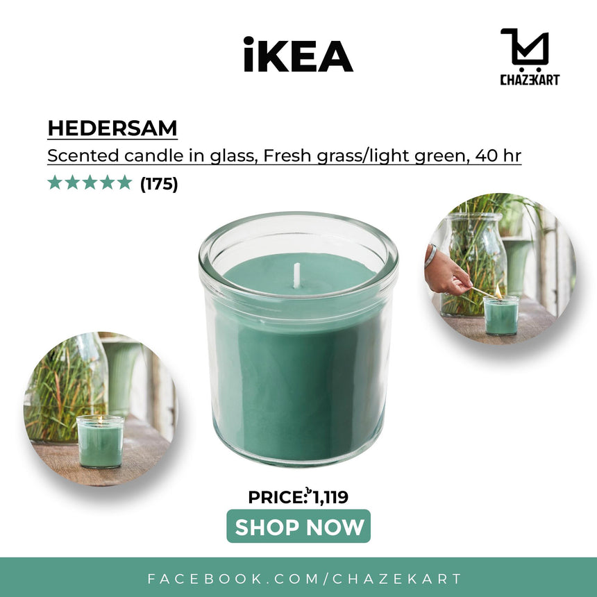 IKEA HEDERSAM Scented candle in glass, Fresh grass/light green, 40 hr