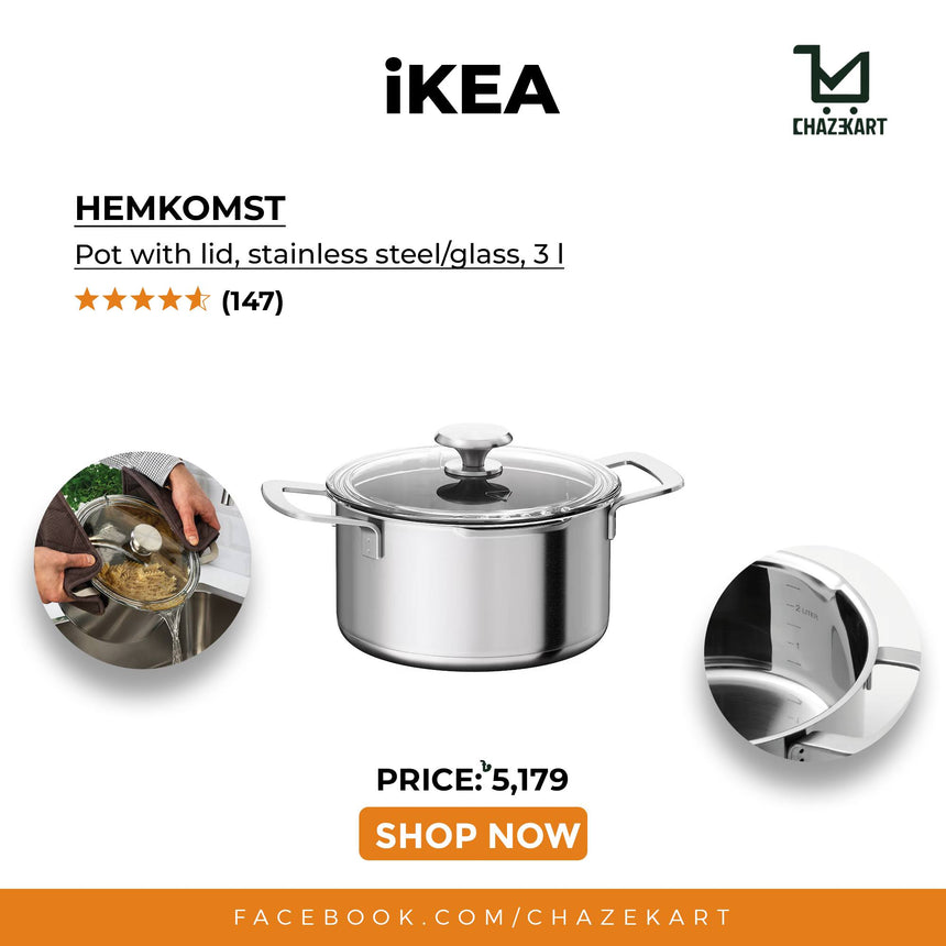 IKEA HEMKOMST Pot with lid, stainless steel/glass, 3 L