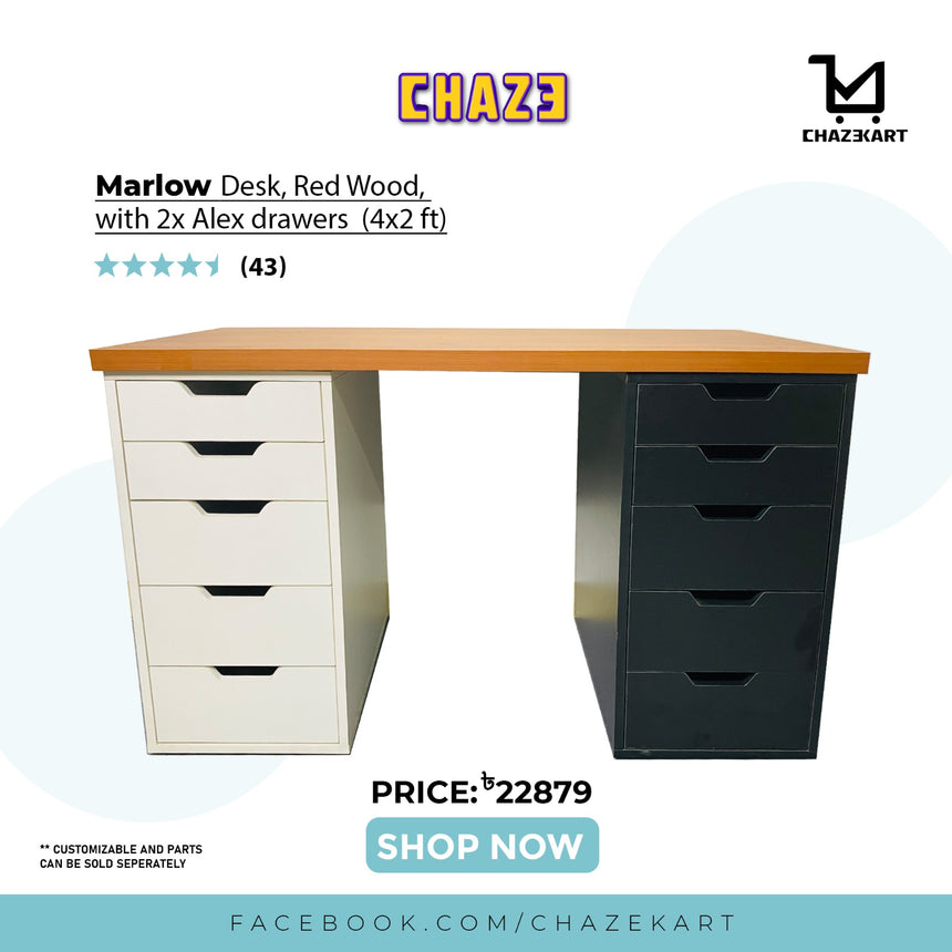 CHAZE MARLOW Table with 2x Drawers , Red Wood/White/Black