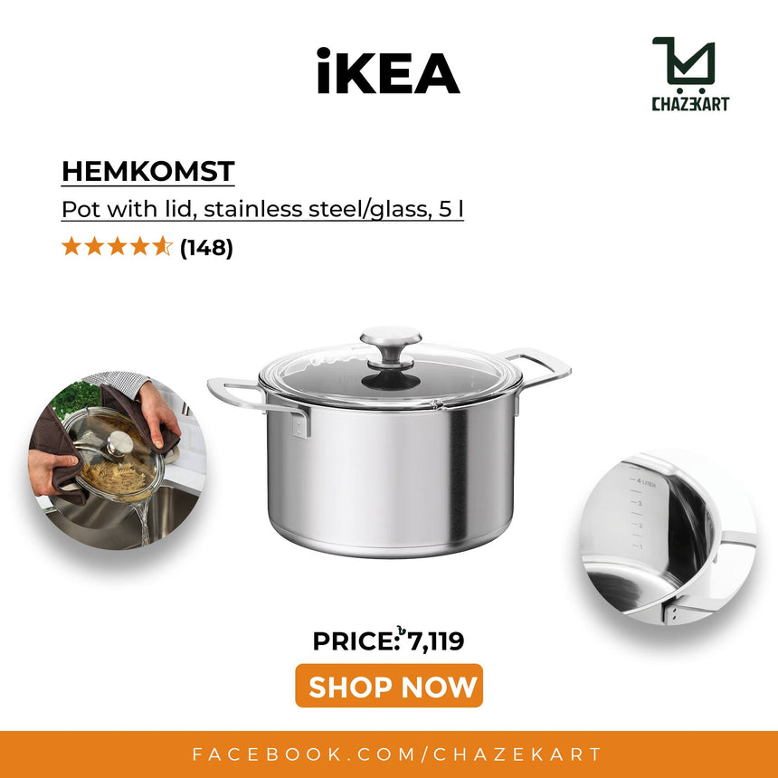 IKEA HEMKOMST Pot with lid, stainless steel/glass, 5 L