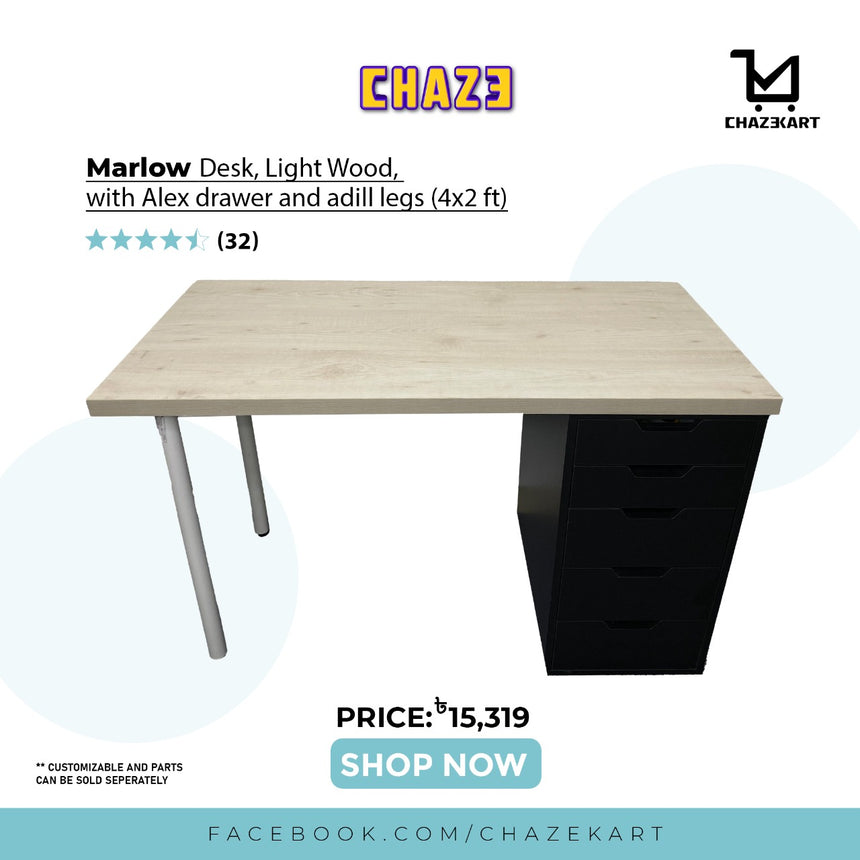 CHAZE MARLOW Table with 1x Drawer & Legs , Maple Wood/Black/White