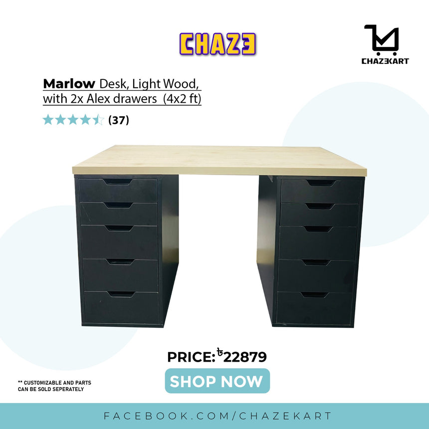 CHAZE MARLOW Table with 2x Drawers , Maple Wood/Black