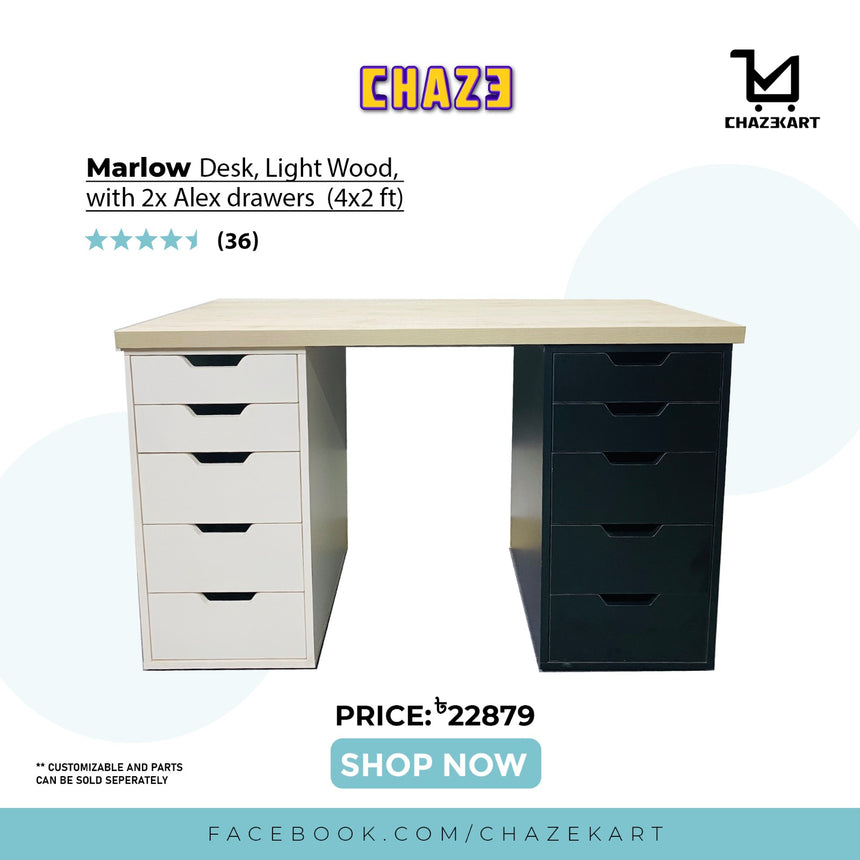 CHAZE MARLOW Table with 2x Drawers , Maple Wood/White/Black