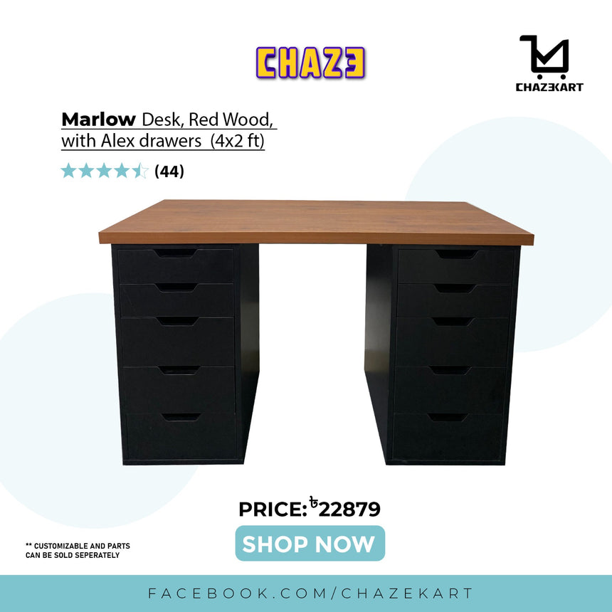 CHAZE MARLOW Table with 2x Drawers , Red Wood/Black