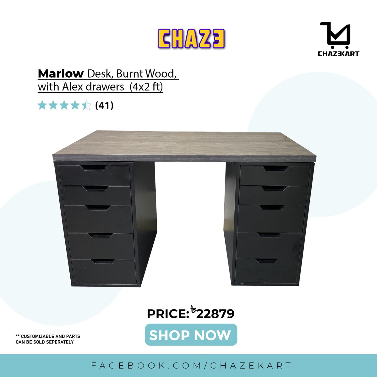 CHAZE MARLOW Table with 2x Drawers , Charcoal Burn Wood/Black – ChazeKart