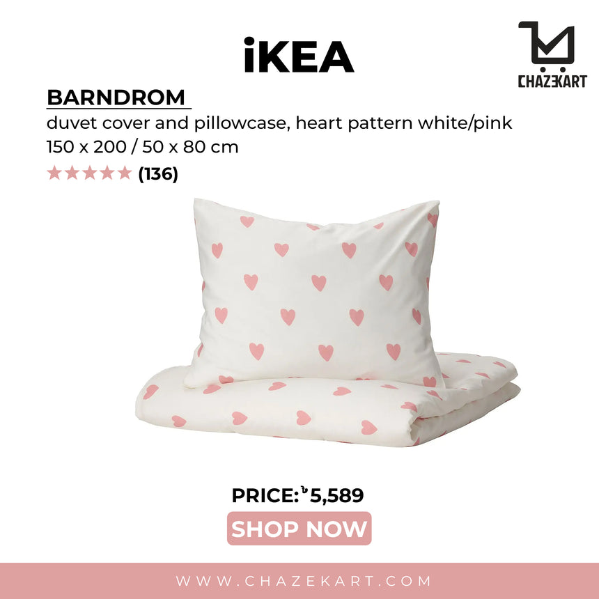 IKEA BARNDROM duvet cover and pillowcase, heart pattern white/pink, 150x200/50x80 cm