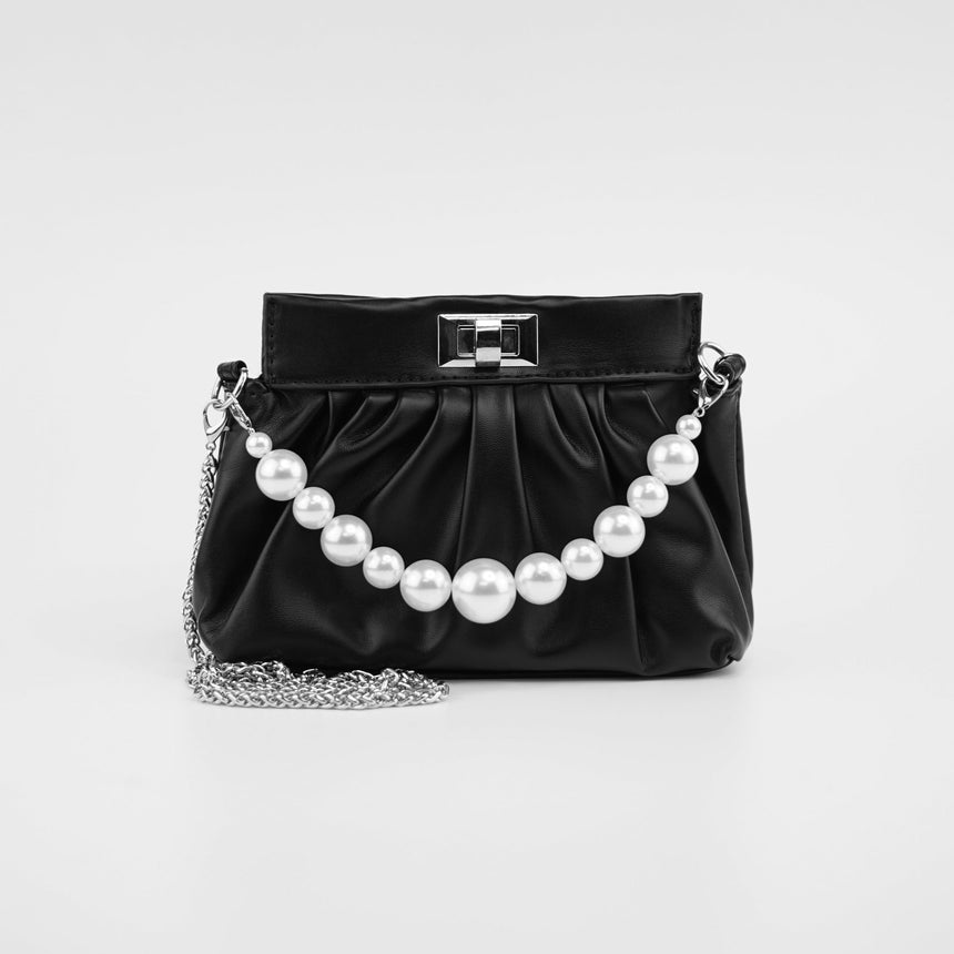 Elegant Pearl Chain Handbag, Black, 16x22 cm