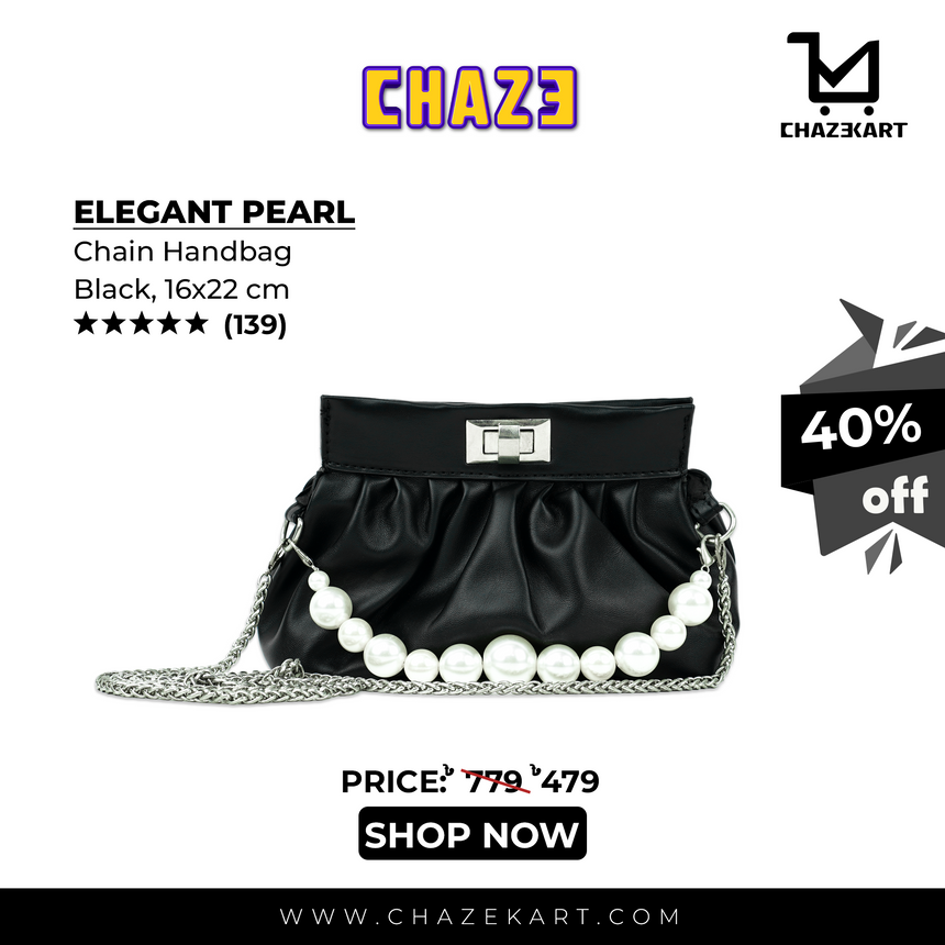 Elegant Pearl Chain Handbag, Black, 16x22 cm