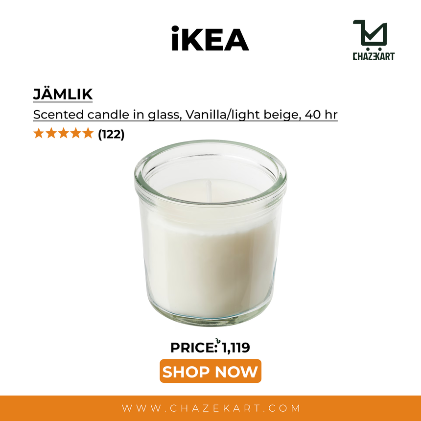IKEA JAMLIK Scented candle in glass, Vanilla/light beige, 40 hr