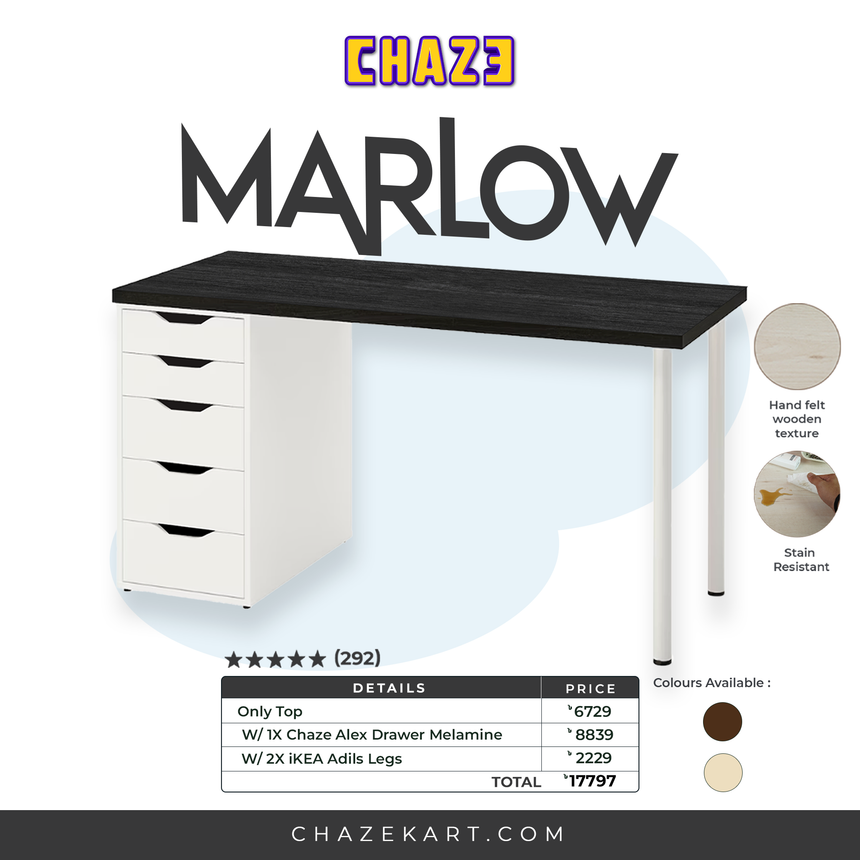 CHAZE MARLOW Table with 1x Drawer & Legs , Charcoal Wood/White/White