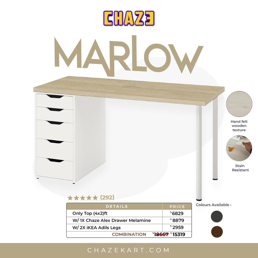 CHAZE MARLOW Table with 1x Drawer & Legs , Maple Wood/White/White