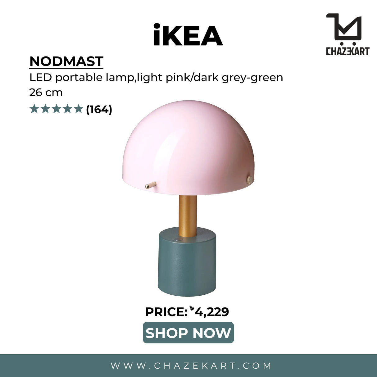 IKEA NODMAST LED portable lamp, battery operated, light pink/dark grey-green, 26 cm
