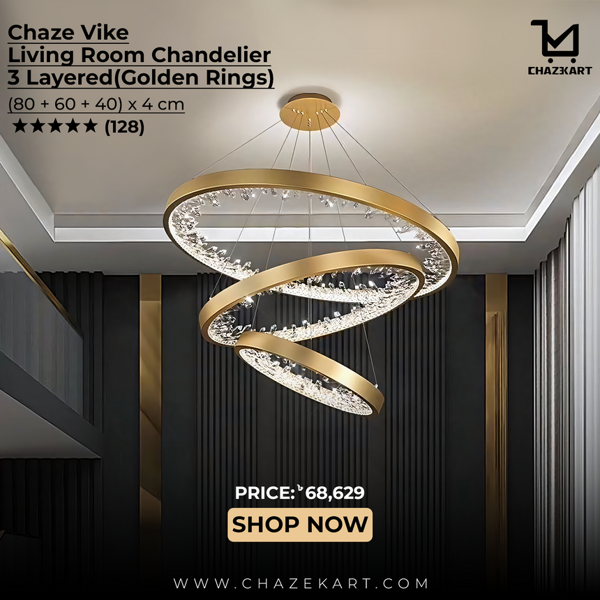 CHAZE VIKE, Living Room Chandelier 3 Layered (Golden Rings)