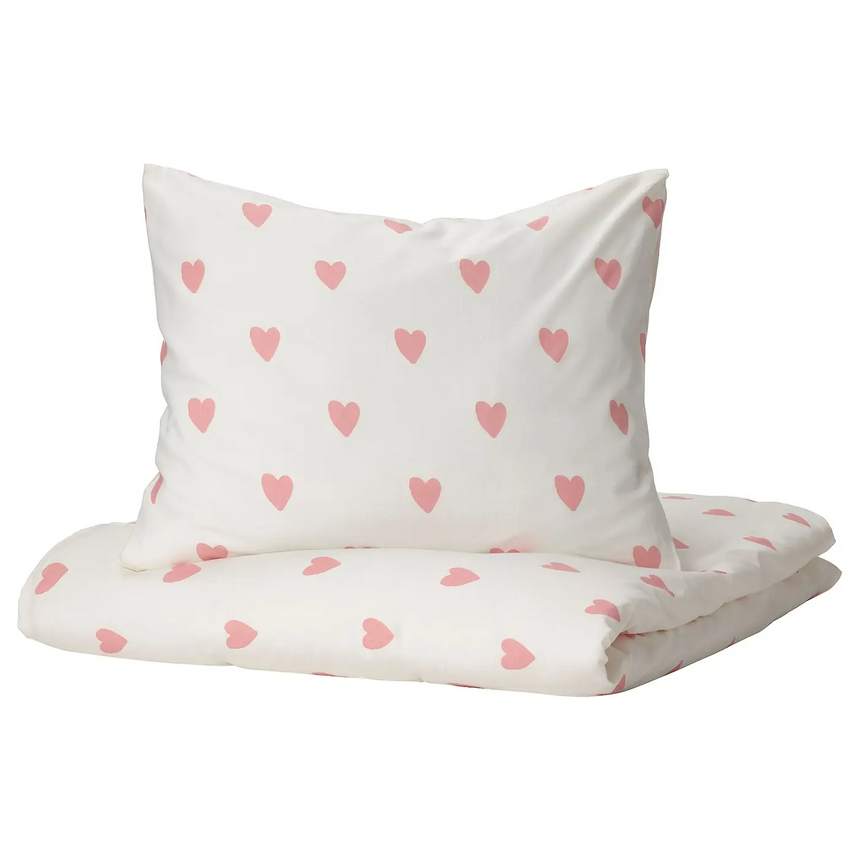 IKEA BARNDROM duvet cover and pillowcase, heart pattern white/pink, 150x200/50x80 cm