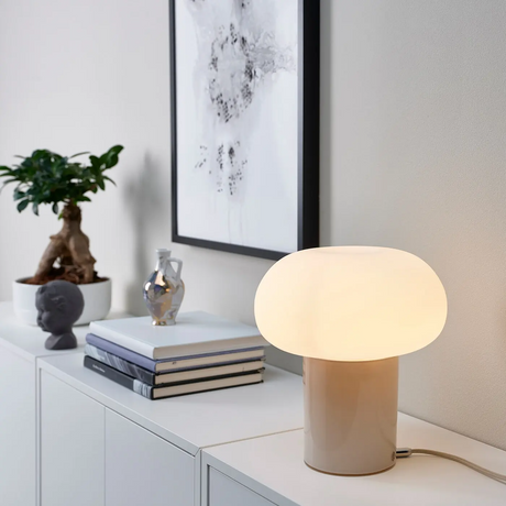 IKEA DEJSA table lamp, beige/opal white glass, 28 cm