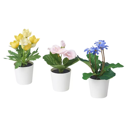 IKEA FEJKA artifi potted plant w pot, set of 3 in/outdoor yellow/pink purple 6 cm