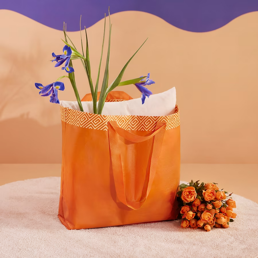 IKEA FRAKTA carrier bag, medium orange/thunder pattern 45x18x45 cm/36 l