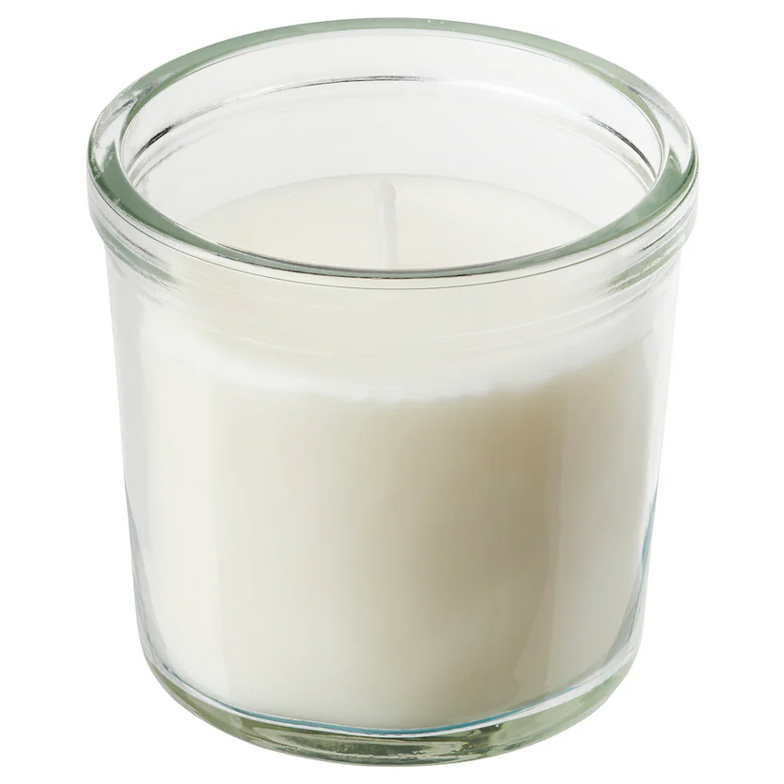 IKEA JAMLIK Scented candle in glass, Vanilla/light beige, 20 hr