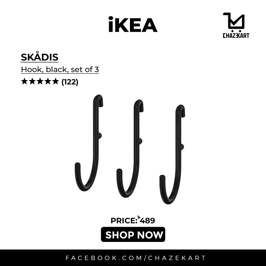 IKEA SKADIS Hook, Black, Set of 3 ( J Hook )